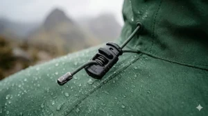 Side view showing the adjustable, helmet-compatible hood on a women's waterproof jacket.