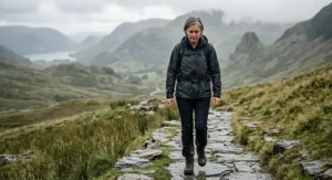 A close-up profile of a determined female hiker wearing a waterproof jacket and backpack, walking along a rocky path in the misty mountains.