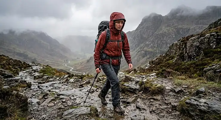 A hiker wearing the best hardshell jacket for protection against heavy British rain on a mountain trail.