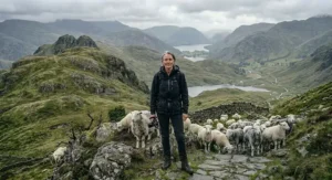 A hiker stands holding a camera surrounded by grazing sheep on a stone path in the green mountains.