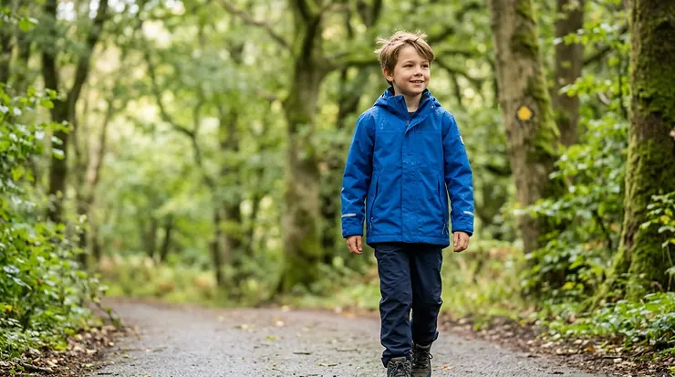 A young boy wearing a navy blue waterproof jacket while walking through a park during a light rain shower. boys waterproof jacket