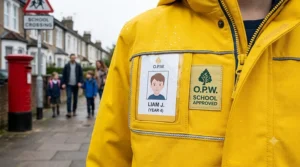 A boy walking to school in a bright yellow waterproof jacket during an autumn morning.