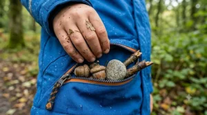 A boy reaching into the secure, waterproof zip pocket of his outdoor jacket.