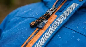 Close-up of the front zip and storm flap designed to keep out driving rain.