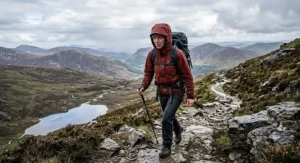Person wearing a breathable hardshell jacket while hill walking in the Scottish Highlands.