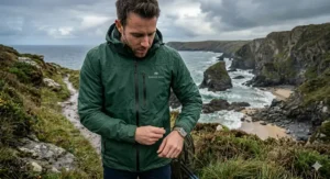 Cross-section diagram of a breathable membrane on a men's lightweight waterproof jacket under £100.