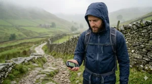 A commuter wearing a cheap waterproof jacket that works effectively during a rainy British morning.