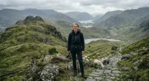A female hiker wearing a black waterproof jacket stands holding a camera on a stone path surrounded by grazing sheep in the rolling green mountains.