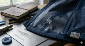 Close-up diagram of fully taped seams inside a men's waterproof jacket to prevent water leaks through the stitching.