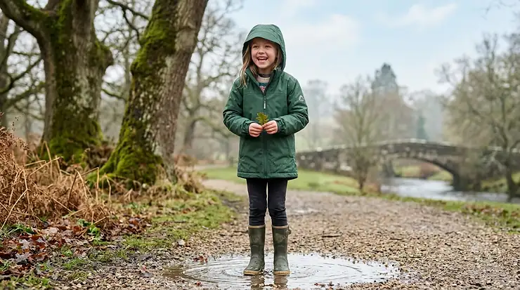 A young girl wearing a vibrant, high-quality girls' waterproof jacket while playing outside in a light drizzle.