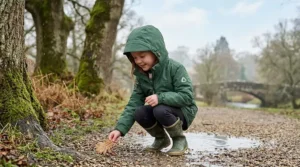 A young girl wearing a practical girls' waterproof jacket, crouching down to explore by a muddy puddle.