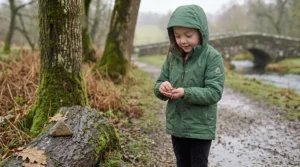 A happy girl wearing a weather-resistant girls' waterproof jacket, holding a worm during an outdoor adventure.