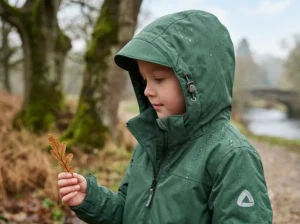 Close-up of a girl wearing a dark green girls' waterproof jacket with the hood up, inspecting a leaf.