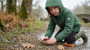 A girl in a durable girls' waterproof jacket playing with mud on a countryside trail.