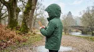 A side profile view of a young girl in a girls' waterproof jacket holding an autumn leaf in a rural British setting.