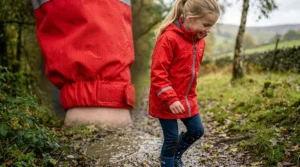 A detailed close-up shot focusing on the lower sleeve of the red kids' waterproof jacket, showing how the elasticated cuff with its adjustable, textured loop strap is tightly cinched around the girl's wrist. This feature is crucial for preventing rain and cold drafts from creeping up the arm.