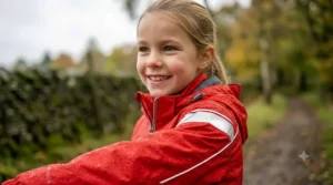 A candid close-up photograph of the red kids' waterproof jacket, focusing on a highly visible reflective strip on the sleeve. It illustrates how this high-visibility feature, integrated into the design, catches the natural daylight on the forest path to enhance child safety during dark winter school runs.
