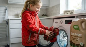 A close-up photograph of the girl's muddy hands carefully placing a soiled red kids' waterproof jacket into the open drum of a modern, front-loading washing machine. A box of natural, eco-friendly laundry detergent is visible, highlighting that the jacket is easy to clean and machine washable.