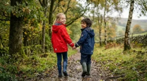 A medium-distance photograph capturing the back and side view of both children walking on the wooded path, clearly showing their layered outfits. It illustrates the versatile 3-in-1 design of the waterproof jackets, with both the technical outer shells and the inner fleece and thermal base layers visible, proving adjustable warmth.