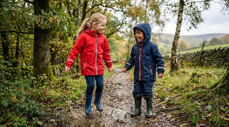 A cheerful photograph of two young children, a girl and a boy, holding hands and laughing while walking along a muddy woodland path in North Wales. They are both wearing colourful wellington boots and robust waterproof jackets, looking happy and protected from the British weather as they explore the countryside.