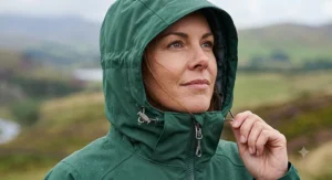 Close-up of the adjustable hood on a ladies hiking jacket showing reinforced brim.