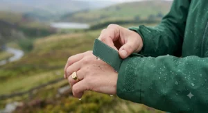 Adjustable velcro cuffs on a ladies hiking jacket for a secure fit.