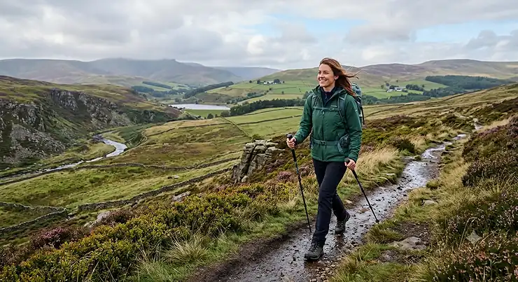 A woman wearing a technical waterproof ladies hiking jacket whilst trekking in the Peak District.