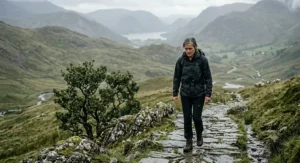 A female hiker wearing a black waterproof jacket and backpack walks down a stone path into a valley with a lake in the Lake District, United Kingdom.