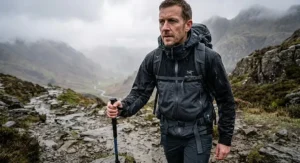 A man wearing a mountain-fit hardshell jacket designed for optimal movement and protection.
