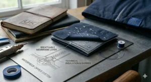 Technical illustration of a breathable men's waterproof jacket fabric showing rain droplets bouncing off the outer shell while moisture vapor escapes.