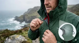 A hiker adjusting the storm hood and cuffs of his men's outdoor waterproof jacket on a windy coastal walking trail.
