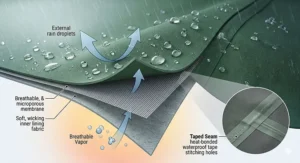 Technical cross-section diagram showing how the membrane of a men's outdoor waterproof jacket repels heavy rain while remaining breathable.