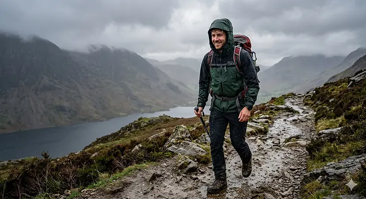 A man hiking in the rain through the Lake District hills, wearing a high-performance men's outdoor waterproof jacket with an adjustable hood. mens outdoor waterproof jacket