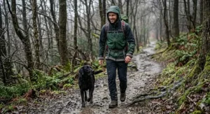 A lightweight and packable men's outdoor waterproof jacket folded tightly into its compact mesh storage pouch next to a rucksack.