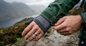 Close-up of the internal taped seams and waterproof zips on a men's outdoor waterproof jacket, ensuring complete rain protection.