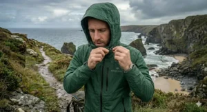 A lightweight, packable men's waterproof jacket folded tightly into a compact travel pouch.