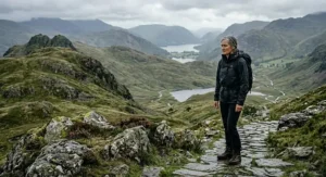 A woman with grey hair in a black waterproof jacket and backpack walks on a stone path through the fells towards a valley with lakes.