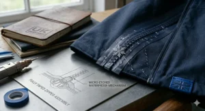 Close-up of a men's waterproof jacket highlighting the adjustable drawcord hood and a protective storm flap over the front zip.