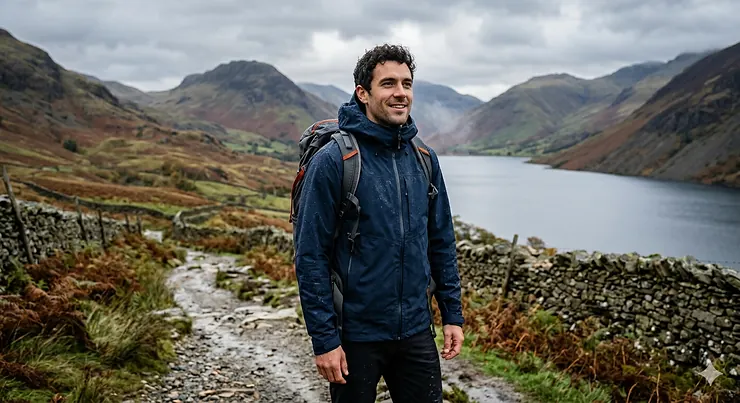 A man wearing a navy blue men's waterproof jacket with a hood up, designed for heavy rain and outdoor hiking in the UK.