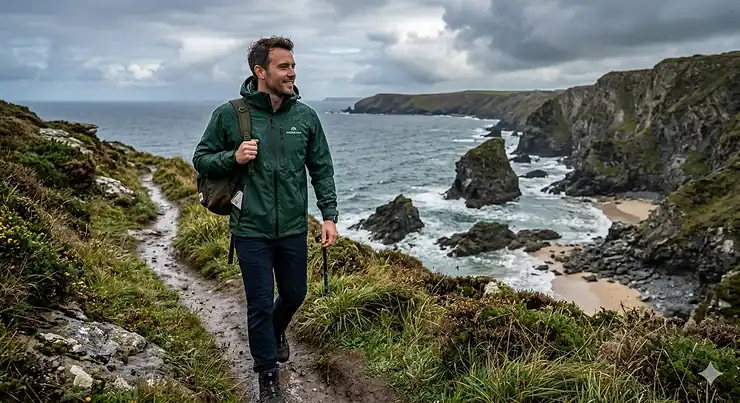 A man wearing a stylish navy mens waterproof jacket under £100 while walking through a rainy British park.