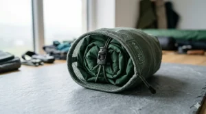 A women's waterproof jacket being folded into its own pocket for easy storage.