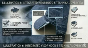 Illustration of the breathable lining and lightweight material inside a women’s rain jacket.