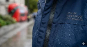 Close-up of the seam-sealed zip and technical fabric detailing on a women’s waterproof coat.