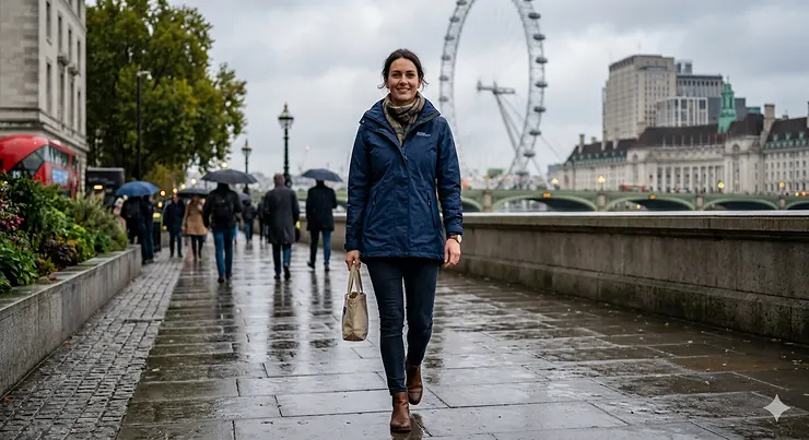 A woman wearing a stylish, high-performance waterproof jacket in a rainy UK city setting, designed for both fashion and weather protection.stylish waterproof jacket women