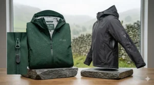 A price comparison graphic highlighting a value rain jacket under £50 compared to high-end alternatives.