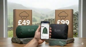 A durable and breathable waterproof jacket under £50 price tag shown in a lifestyle setting.
