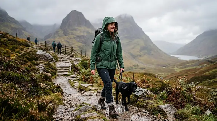 Woman wearing a high-performance women's waterproof jacket while hiking on a misty British trail.