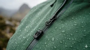Detailed view of the water-resistant zipped pockets on a women's waterproof jacket.