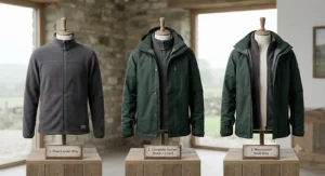 Three different layering configurations of a 3-in-1 travel jacket for unpredictable British weather.