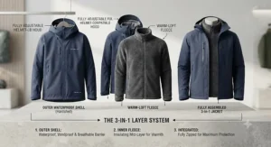 Detailed graphic showing the three layers of a 3-in-1 jacket, including outer shell and insulating inner fleece
